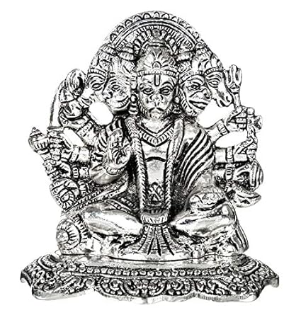 Panchmukhi Hanuman Idol (Murti) Oxidised Finish with 2 Piece Jyot Diya with Beautiful Red Velvet Box Packing (11.5H x 11W x 9.5L)