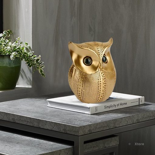 Modern Classy Lucky Owl Resin Art Figure Showpiece (Golden), 1 Piece