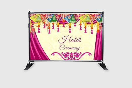 Backdropon Haldi Ceremony Theme Party Design Backdrop Cloth for Wedding Decoration Traditional Background Curtain Cloth for Festival Size 5 Feet Height and 8 Feet Width(5 * 8)