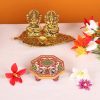 Marble Octagonal Puja Chowki Painted with Peacock Design