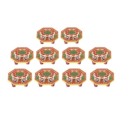 Marble Octagonal Puja Chowki Painted with Peacock Design