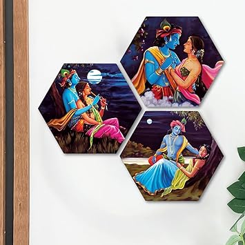 Masstone Radha Krishna Wall Painting | Radha Krishna Painting for Wall Decoration Set of 3 (21.5x21.5 inch) | Radha Krishna Painting With Frame | Wall Painting for Living Room