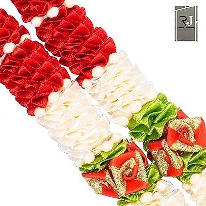 Closely Knitted 12" Haar,Mala - Garland Maala for Idols, Photo Frames, Fancy Dress, Marriages etc.… (Red and White)
