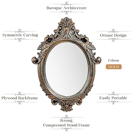 Antique Wall Mirror - Ornate Elliptical Design with Compressed Wooden Frame Vintage Wall Mount Mirror Makeup Elegant Hanging Glass Living Room Bedroom Bathroom Basin Home Decor (64x46 cm)