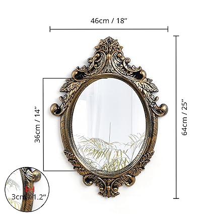 Antique Wall Mirror - Ornate Elliptical Design with Compressed Wooden Frame Vintage Wall Mount Mirror Makeup Elegant Hanging Glass Living Room Bedroom Bathroom Basin Home Decor (64x46 cm)