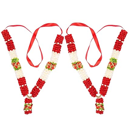 Closely Knitted 12" Haar,Mala - Garland Maala for Idols, Photo Frames, Fancy Dress, Marriages etc.… (Red and White)