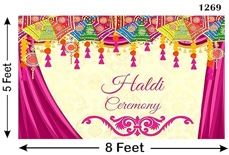 Backdropon Haldi Ceremony Theme Party Design Backdrop Cloth for Wedding Decoration Traditional Background Curtain Cloth for Festival Size 5 Feet Height and 8 Feet Width(5 * 8)