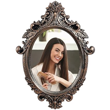 Antique Wall Mirror - Ornate Elliptical Design with Compressed Wooden Frame Vintage Wall Mount Mirror Makeup Elegant Hanging Glass Living Room Bedroom Bathroom Basin Home Decor (64x46 cm)