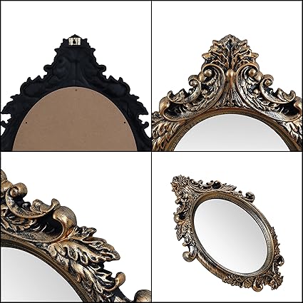 Antique Wall Mirror - Ornate Elliptical Design with Compressed Wooden Frame Vintage Wall Mount Mirror Makeup Elegant Hanging Glass Living Room Bedroom Bathroom Basin Home Decor (64x46 cm)