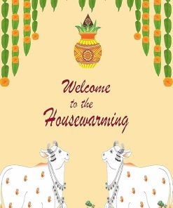 Welcome to The Housewarming Word with Garland Marigold Flower Design Backdrop for Pooja Decoration Traditional Background Cloth for Festival Size 8Feet Height and 5Feet Width(8 * 5)