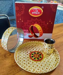 Stainless steel Karwa Chauth / karva / Karaka chaturthi 3 pieces Decorative pooja set (Thali size 12 inch)