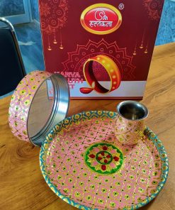 Stainless steel Karwa Chauth / karva / Karaka chaturthi 3 pieces Decorative pooja set (Thali size 12 inch)