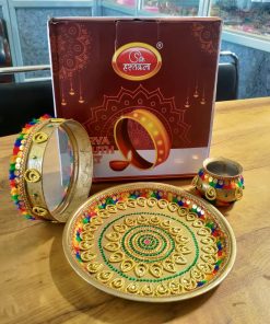 Stainless steel Karwa Chauth / karva / Karaka chaturthi 3 pieces Decorative pooja set (Thali size 12 inch)