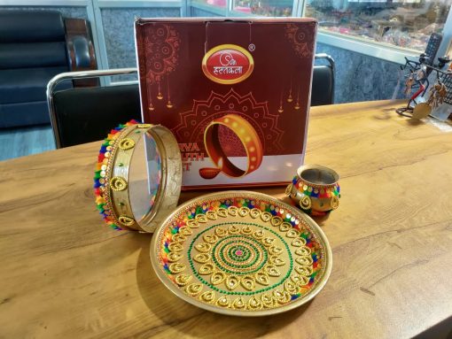 Stainless steel Karwa Chauth / karva / Karaka chaturthi 3 pieces Decorative pooja set (Thali size 12 inch) Stainless steel Karwa Chauth / karva / Karaka chaturthi 3 pieces Decorative pooja set (Thali size 12 inch)