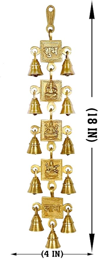 axmi, Ganesh, Saraswati, Shubh & Labh Brass Wall Hanging Ghanti with 11 Bells, Beautiful Decoratives Wall Hanging, Dimension- 18X4 Inches, Weight - 900 Gm