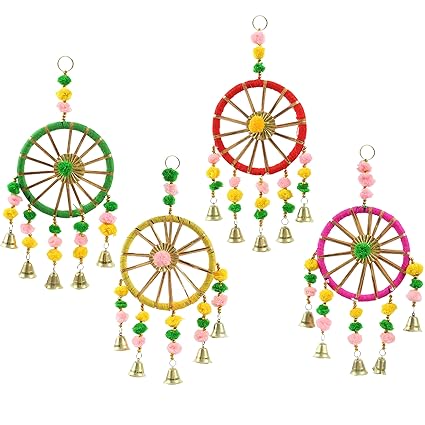 Tied Ribbons Decorative Wall Door Hanging Latkan Toran With Bells (30 x 13 CM) For Main Door Entrance Pooja Room Rajastani Traditionjal Decorative Decoration Items For Home Decor- Multicolour