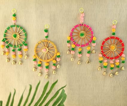 Tied Ribbons Decorative Wall Door Hanging Latkan Toran With Bells (30 x 13 CM) For Main Door Entrance Pooja Room Rajastani Traditionjal Decorative Decoration Items For Home Decor- Multicolour