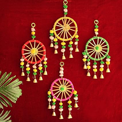 Tied Ribbons Decorative Wall Door Hanging Latkan Toran With Bells (30 x 13 CM) For Main Door Entrance Pooja Room Rajastani Traditionjal Decorative Decoration Items For Home Decor- Multicolour Tied Ribbons Decorative Wall Door Hanging Latkan Toran With Bells (30 x 13 CM) For Main Door Entrance Pooja Room Rajastani Traditionjal Decorative Decoration Items For Home Decor- Multicolour