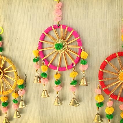 Tied Ribbons Decorative Wall Door Hanging Latkan Toran With Bells (30 x 13 CM) For Main Door Entrance Pooja Room Rajastani Traditionjal Decorative Decoration Items For Home Decor- Multicolour