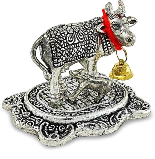 White Metal Kamdhenu Cow with Calf |Decorative Showpiece for Home and Office, Ideal Gift Item for Good Luck