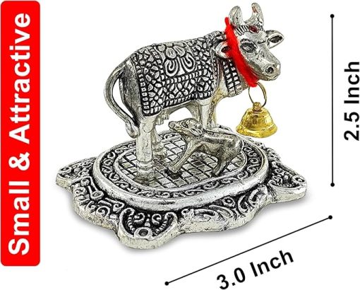 White Metal Kamdhenu Cow with Calf |Decorative Showpiece for Home and Office, Ideal Gift Item for Good Luck