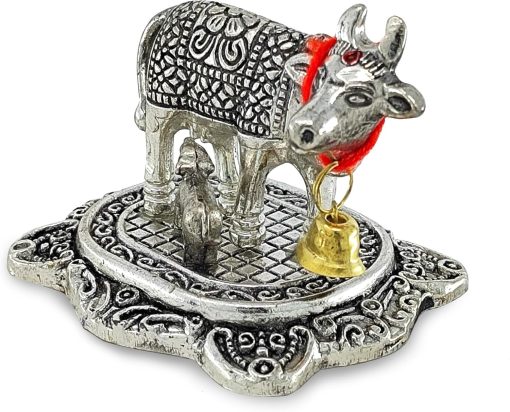 White Metal Kamdhenu Cow with Calf |Decorative Showpiece for Home and Office, Ideal Gift Item for Good Luck