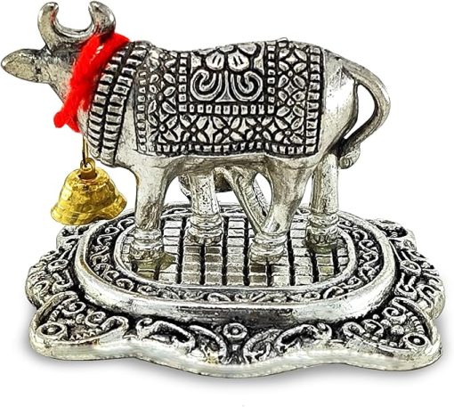 White Metal Kamdhenu Cow with Calf |Decorative Showpiece for Home and Office, Ideal Gift Item for Good Luck