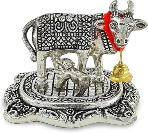 White Metal Kamdhenu Cow with Calf |Decorative Showpiece for Home and Office, Ideal Gift Item for Good Luck