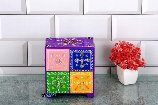 Hand Painted 4 - Storage Box for storing small Item's - Dry Fruit Storage - Small First Storage Box - drawer assorted colour - 5.4 x 3.5 x 6 Inch