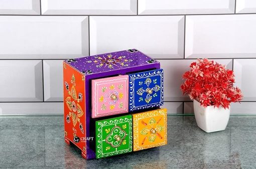 Hand Painted 4 - Storage Box for storing small Item's - Dry Fruit Storage - Small First Storage Box - drawer assorted colour - 5.4 x 3.5 x 6 Inch