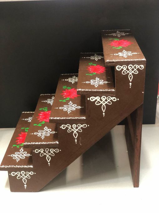 Wood rangoli design 5 dteps foldable Golu Padi stand - Brown