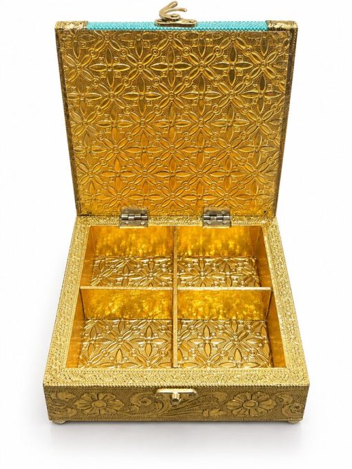 Open turquoise and gold oxidised jewellery gift box with four compartments