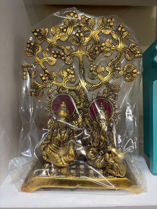 Brass-coated Kalpavriksha tree with Lakshmi and Ganesha 9 inches