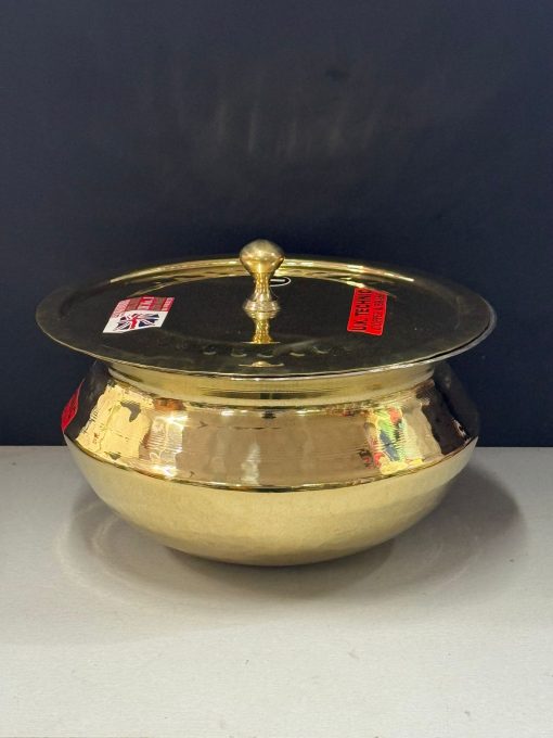 Brass Heavy Base Tin Coated Hammered Handi / Cooking Vessel & Brass Lid No 5 (30 Cm)
