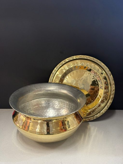 Brass Heavy Base Tin Coated Hammered Handi / Cooking Vessel & Brass Lid No 5 (30 Cm)