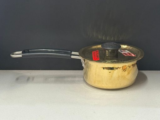 Brass Heavy Base Tin Coated Hammered Sauce Pan / Cooking Vessel with handle & Brass Lid No 1 (18 Cm)