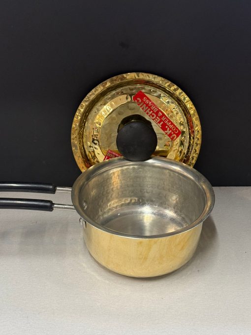 Brass Heavy Base Tin Coated Hammered Sauce Pan / Cooking Vessel with handle & Brass Lid No 1 (18 Cm)