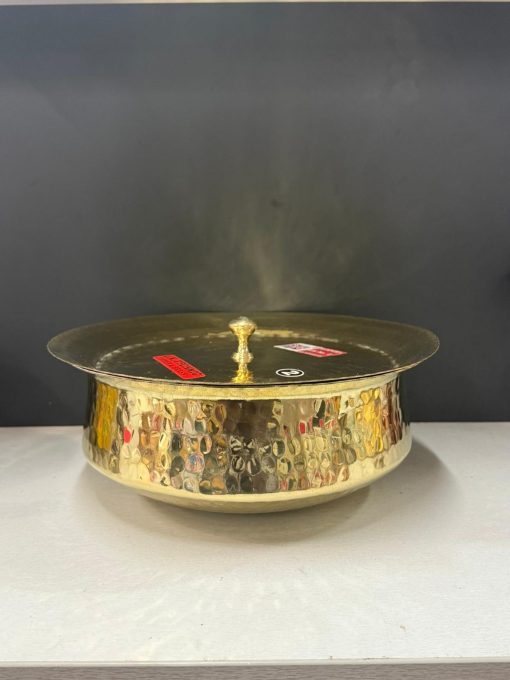 Brass Heavy Base Tin Coated Hammered Handi / Tope / Cooking Vessel & Brass Lid No 7 (36 Cm)