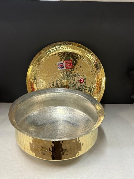 Brass Heavy Base Tin Coated Hammered Handi / Tope / Cooking Vessel & Brass Lid No 7 (36 Cm)