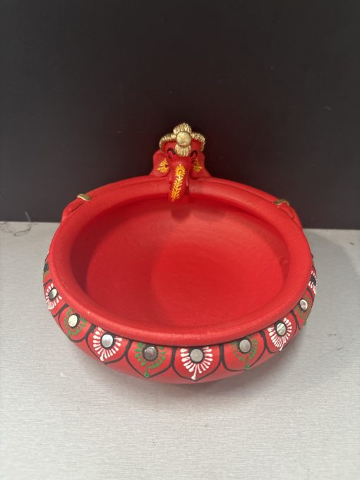 Red Clay Terocotta Handpainted Decorated Uruli with Ganesha
