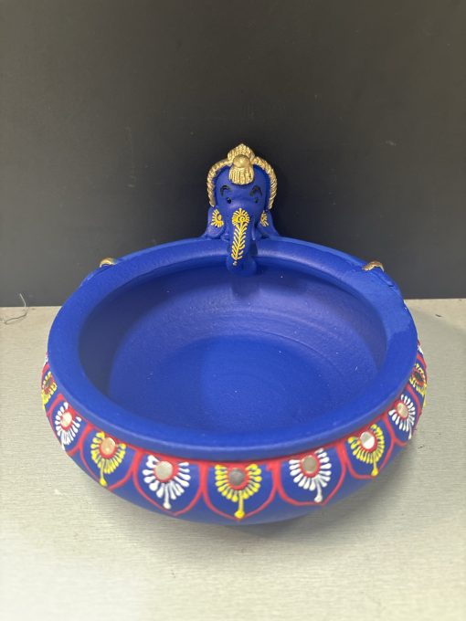 Blue Clay Terocotta Handpainted Decorated Uruli with Ganesha Gold Clay Teracotta Carved Uruli Diwali Decor Showpiece Gift 32 CM