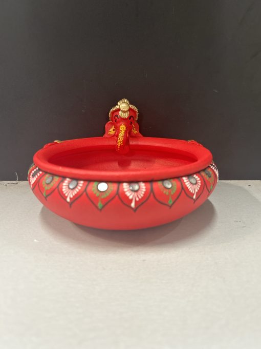 Red Clay Terocotta Handpainted Decorated Uruli with Ganesha