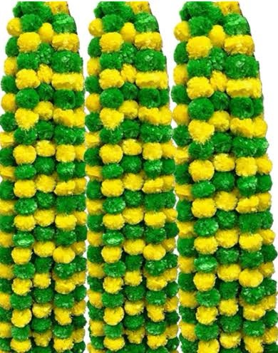 Artificial Green and Yellow Marigold Flowers Garland For Decoration - 1 piece Artificial Orange Small Marigold Flowers Garland For Decoration - 1 piece