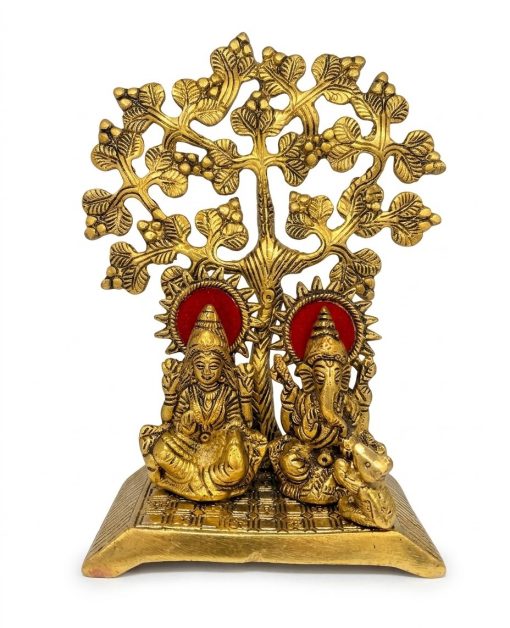 Brass coated Kalpavriksha Tree | Karpaga Viruksham for Home Decor | Kalpavriksha Brass Tree with Lakshmi and Ganesha (9 inchs Height) Brass-coated Kalpavriksha tree with Lakshmi and Ganesha 9 inches