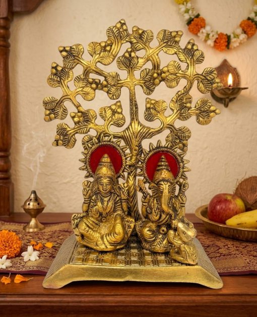 Brass-coated Kalpavriksha tree with Lakshmi and Ganesha 9 inches
