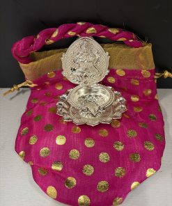 German Silver Vilakku with Lakshmi 9 x 9 cm with attractive Multi colour Potli bag