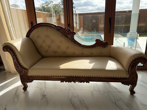 Radiant Teak Wood Handcrafted Deewan Chaise Lounge (Honey Finish Couch) Dasara inlay work Rosewood rectangle dinning table - Six seater with chairs