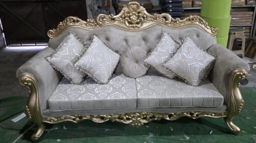 Handmade Royal Antique Golden Finish Carved Sofa (3 Seater) Dasara inlay work Rosewood rectangle dinning table - Six seater with chairs