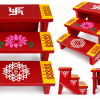 Red 3-Steps Golu Stand with Kolam Designs – 22 × 15 × 22 cm Red 3-step Golu stand with Kolam designs 22 x 15 x 22 cm