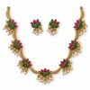 Antique Gold Ruby & Green Mango Motif Choker Set with Earrings Antique gold ruby and green mango motif choker set with matching earrings on white background